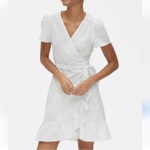 NWT Gap Linen Cotton Blend White Ruffle Short Sleeve Wrap Mini Dress Size Small